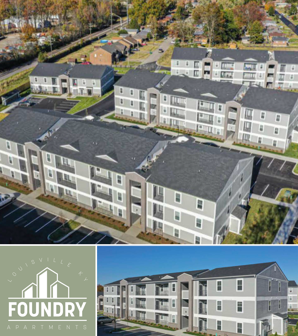 The Foundry complex shown from multiple angles outside, with logo