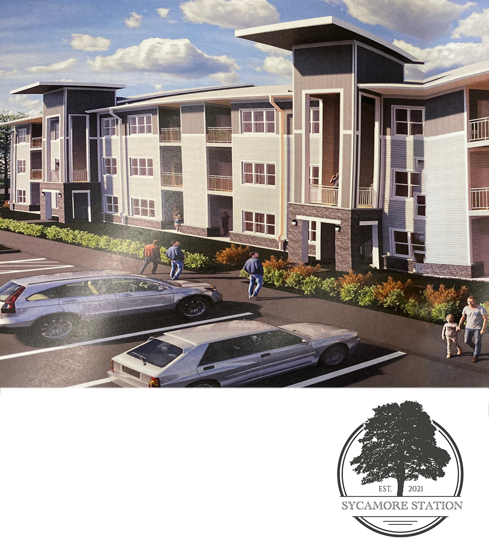 Sycamore Station property rendering showing the outside of the development from the parking lot