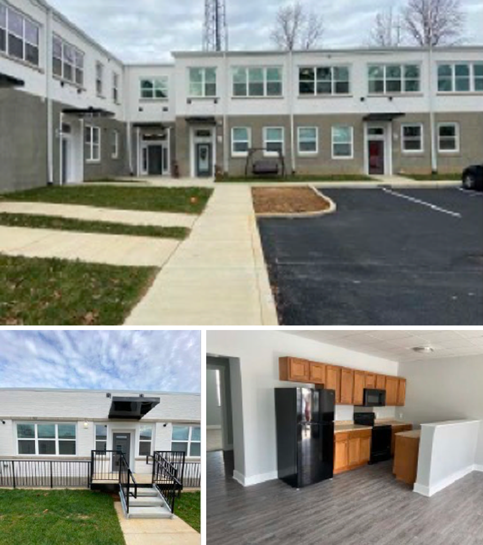 War Memorial apartment complex shown in multiple views of the outside and inside kitchen renovation.